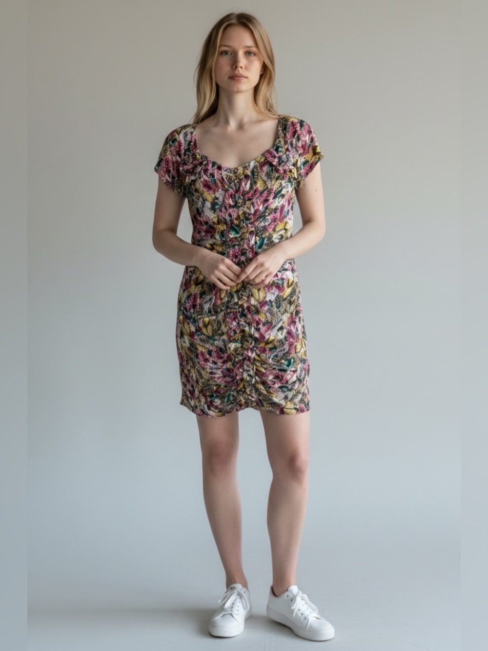 Designer Women’s Floral Multi-Color Short Sleeve Scoop Neck Dress